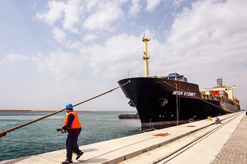 A cargo vessel is seen at Chabahar seaport during an inauguration ceremony for the first export convoy to India via Iran in Chabahar, Iran on February 25, 2019. Image: Fatemeh Bahrami/Anadolu Agency/Getty Images
